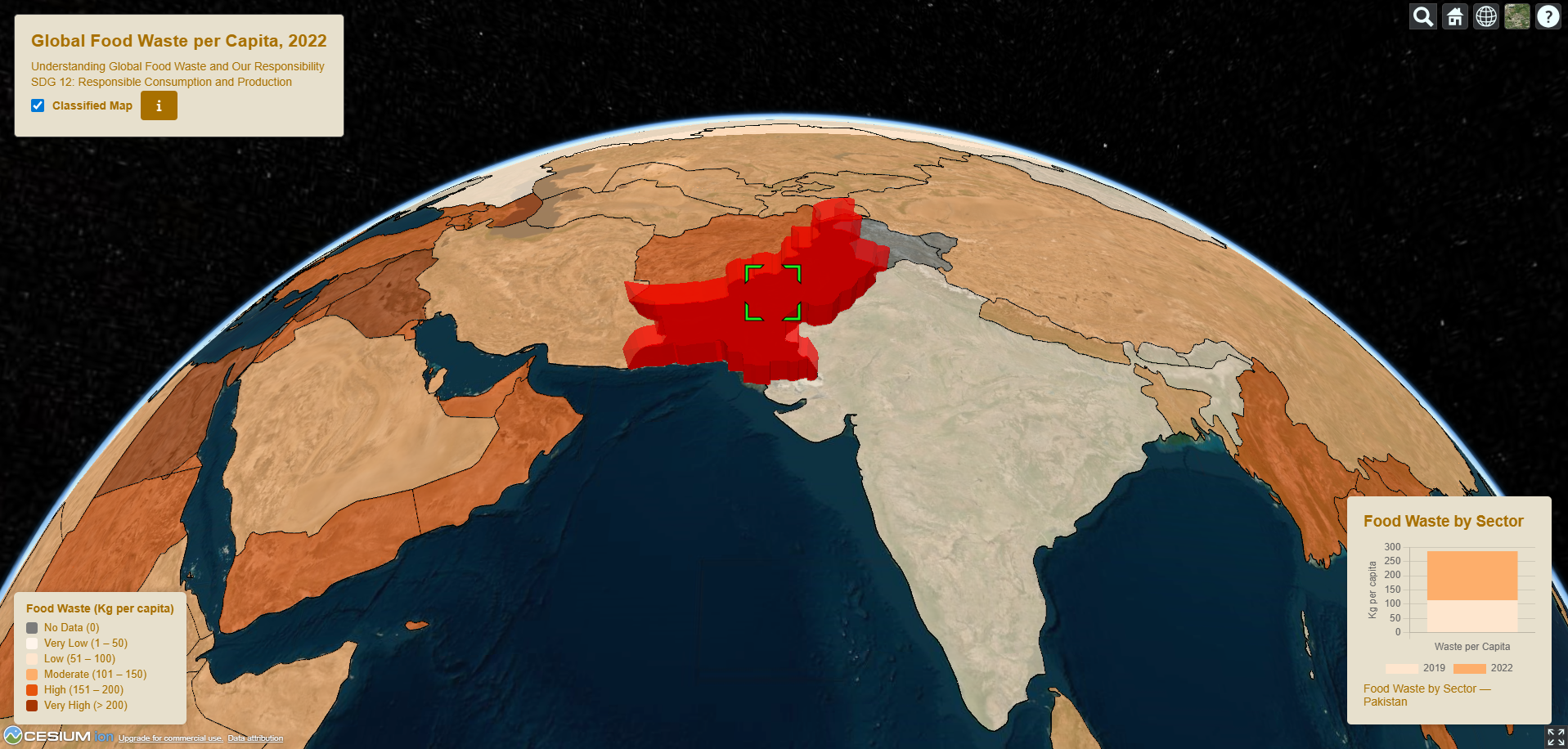 Global Food Waste per Capita Interactive 3D Web GIS Visualization
